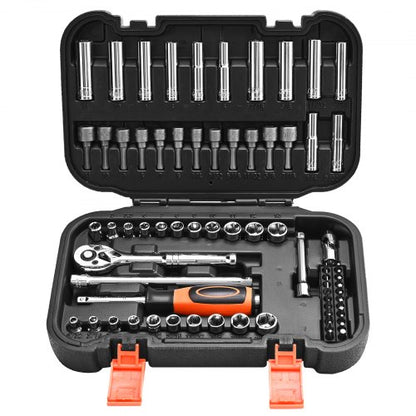Socket Set, 70 Pieces, 1/4 inch Drive Socket and Ratchet Set, SAE and Metric, Deep and Shallow, Mechanic Tool Kit with Bits, Accessories and Storage Case, CR-V Alloy Steel, for Automotive Repair