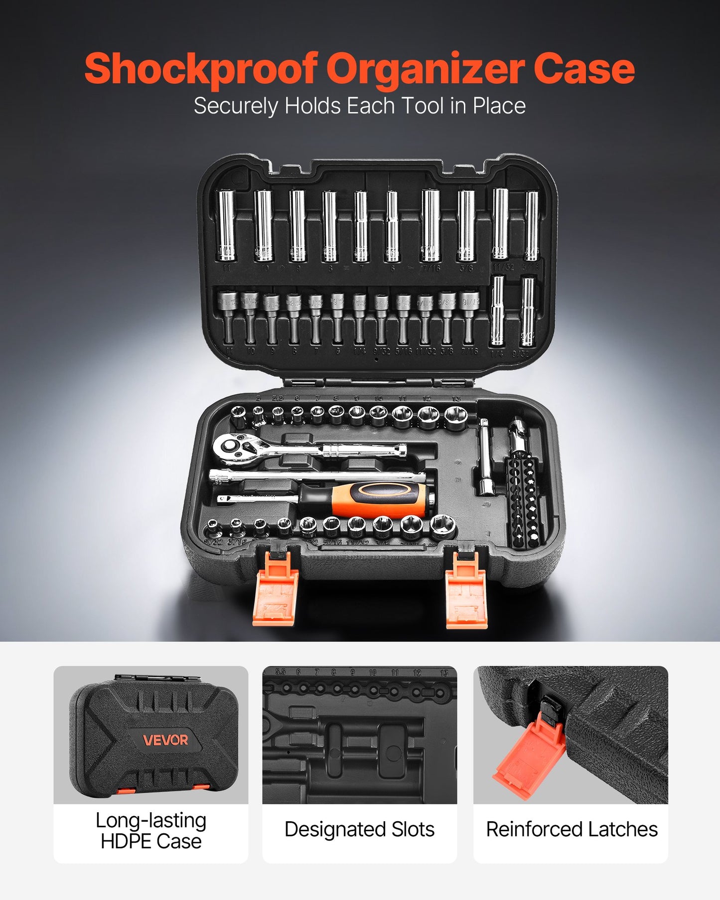Socket Set, 70 Pieces, 1/4 inch Drive Socket and Ratchet Set, SAE and Metric, Deep and Shallow, Mechanic Tool Kit with Bits, Accessories and Storage Case, CR-V Alloy Steel, for Automotive Repair