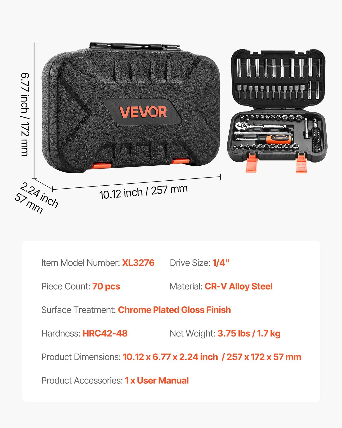 Socket Set, 70 Pieces, 1/4 inch Drive Socket and Ratchet Set, SAE and Metric, Deep and Shallow, Mechanic Tool Kit with Bits, Accessories and Storage Case, CR-V Alloy Steel, for Automotive Repair