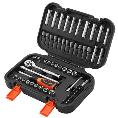Socket Set, 70 Pieces, 1/4 inch Drive Socket and Ratchet Set, SAE and Metric, Deep and Shallow, Mechanic Tool Kit with Bits, Accessories and Storage Case, CR-V Alloy Steel, for Automotive Repair