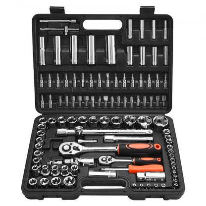 Socket Set, 108 Pieces, 1/4 & 1/2 inch Drive Socket and Ratchet Set, Metric Size from 4 to 32 mm, Mechanic Tool Kit with Bits, Accessories, Storage Case, CR-V Alloy Steel, for Automotive Repair