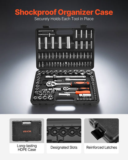Socket Set, 108 Pieces, 1/4 & 1/2 inch Drive Socket and Ratchet Set, Metric Size from 4 to 32 mm, Mechanic Tool Kit with Bits, Accessories, Storage Case, CR-V Alloy Steel, for Automotive Repair