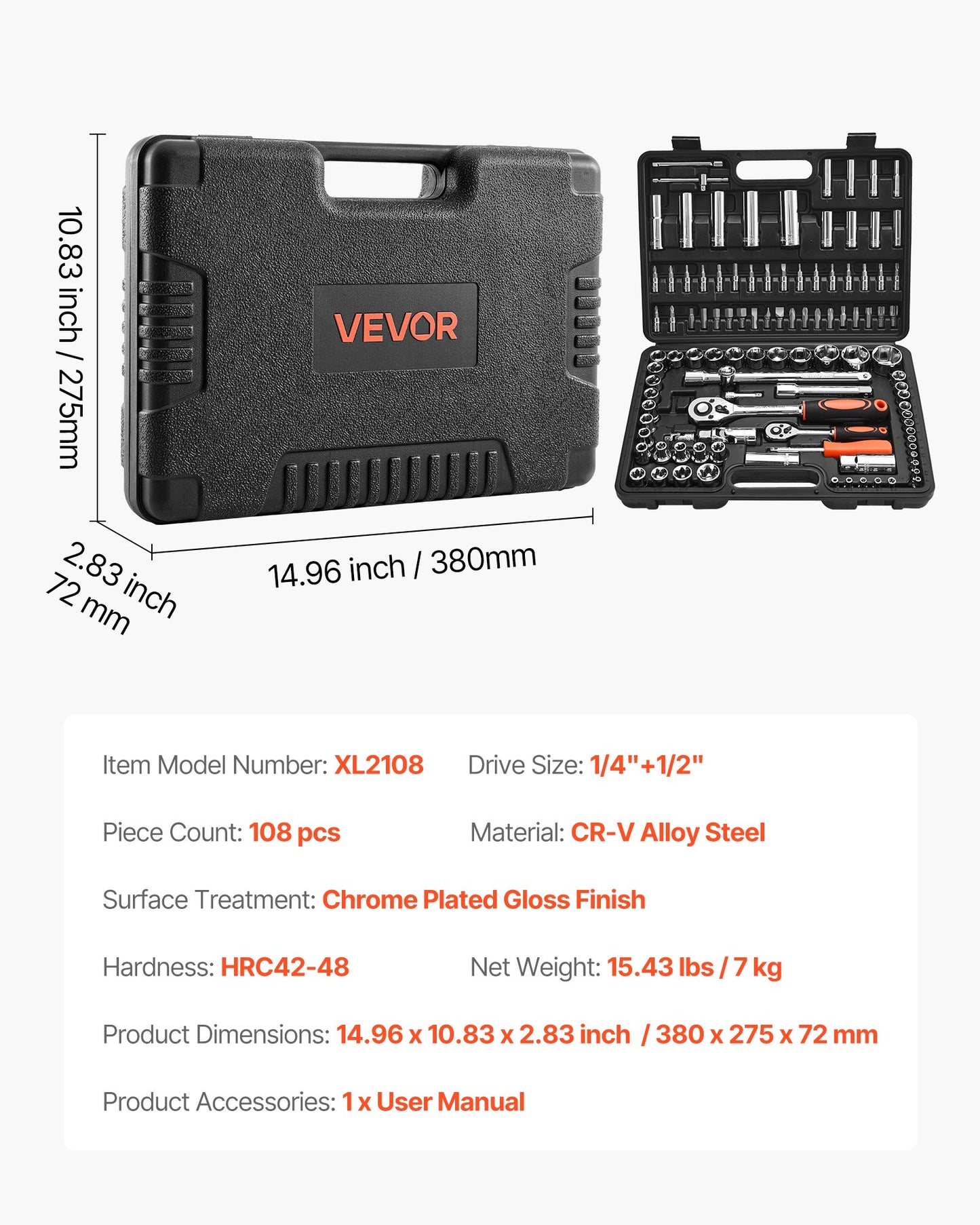 Socket Set, 108 Pieces, 1/4 & 1/2 inch Drive Socket and Ratchet Set, Metric Size from 4 to 32 mm, Mechanic Tool Kit with Bits, Accessories, Storage Case, CR-V Alloy Steel, for Automotive Repair