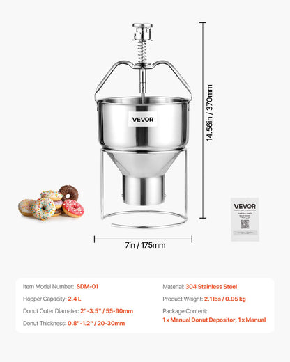 Donut Depositor, Large Capacity Manual Donuts Dropper, 304 Stainless Steel Commercial Batter Dispenser, 6 Thicknesses Adjustment Doughnut Hopper with Stand, For Restaurant Cafe Bakery Kitchen