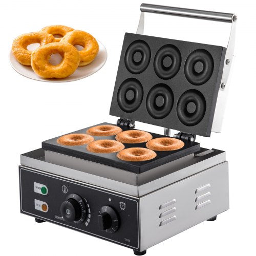 110V Commercial Waffle Donut Machine 6 Holes Double-Sided Heating 50-300℃, Electric Doughnut Maker 1550W, Non-stick Donut MakerTeflon-Coating for Professional Kitchen (Depth:0.55\",Dia:2.95\")