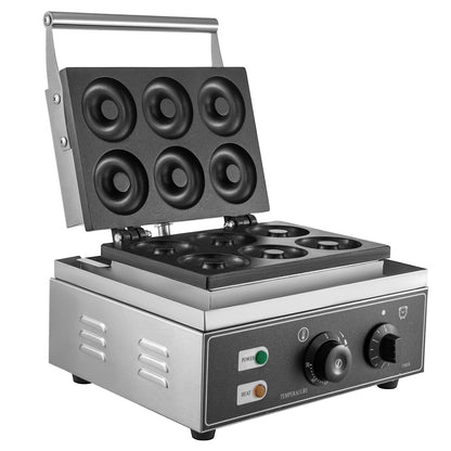110V Commercial Waffle Donut Machine 6 Holes Double-Sided Heating 50-300℃, Electric Doughnut Maker 1550W, Non-stick Donut MakerTeflon-Coating for Professional Kitchen (Depth:0.55\",Dia:2.95\")