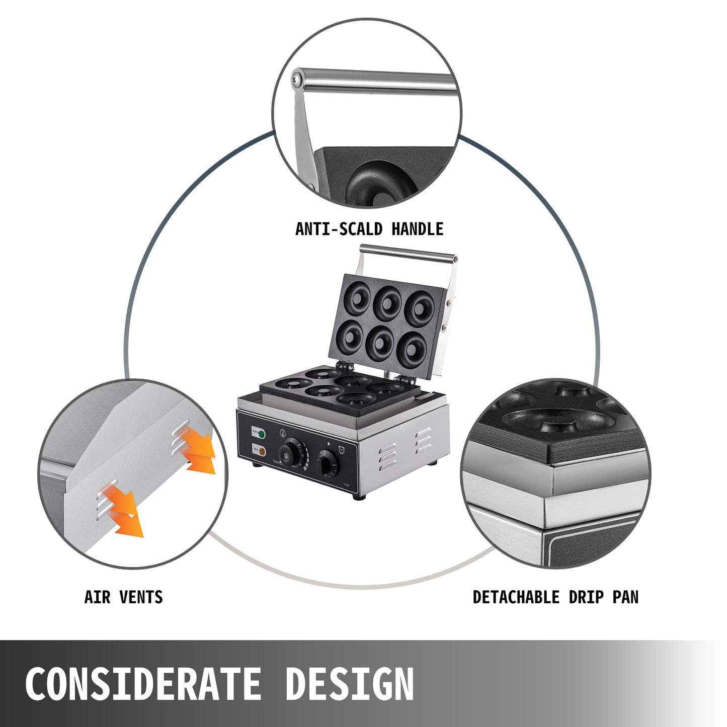 110V Commercial Waffle Donut Machine 6 Holes Double-Sided Heating 50-300℃, Electric Doughnut Maker 1550W, Non-stick Donut MakerTeflon-Coating for Professional Kitchen (Depth:0.55\",Dia:2.95\")