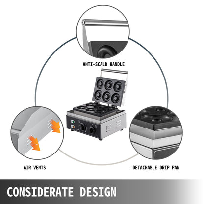 110V Commercial Waffle Donut Machine 6 Holes Double-Sided Heating 50-300℃, Electric Doughnut Maker 1550W, Non-stick Donut MakerTeflon-Coating for Professional Kitchen (Depth:0.55\",Dia:2.95\")