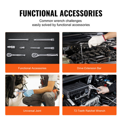 Socket Set, 1/4" and 3/8" Drive Socket and Ratchet Set, 6-Point Socket Opening, 106 Pcs Tool Set SAE and Metric, Deep and Standard Sockets, 5/32-1 in, 5-19 mm, with Accessories, Storage Case