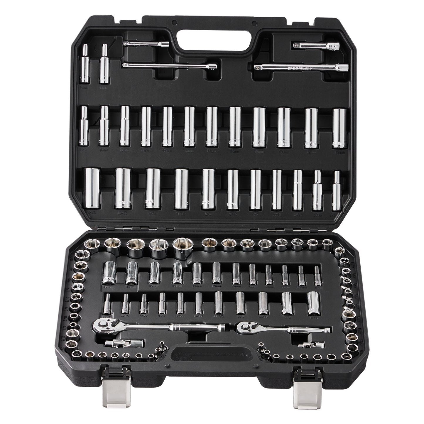 Socket Set, 1/4" and 3/8" Drive Socket and Ratchet Set, 6-Point Socket Opening, 106 Pcs Tool Set SAE and Metric, Deep and Standard Sockets, 5/32-1 in, 5-19 mm, with Accessories, Storage Case