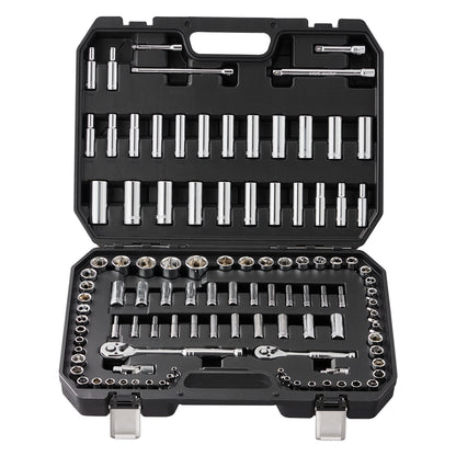 Socket Set, 1/4" and 3/8" Drive Socket and Ratchet Set, 6-Point Socket Opening, 106 Pcs Tool Set SAE and Metric, Deep and Standard Sockets, 5/32-1 in, 5-19 mm, with Accessories, Storage Case