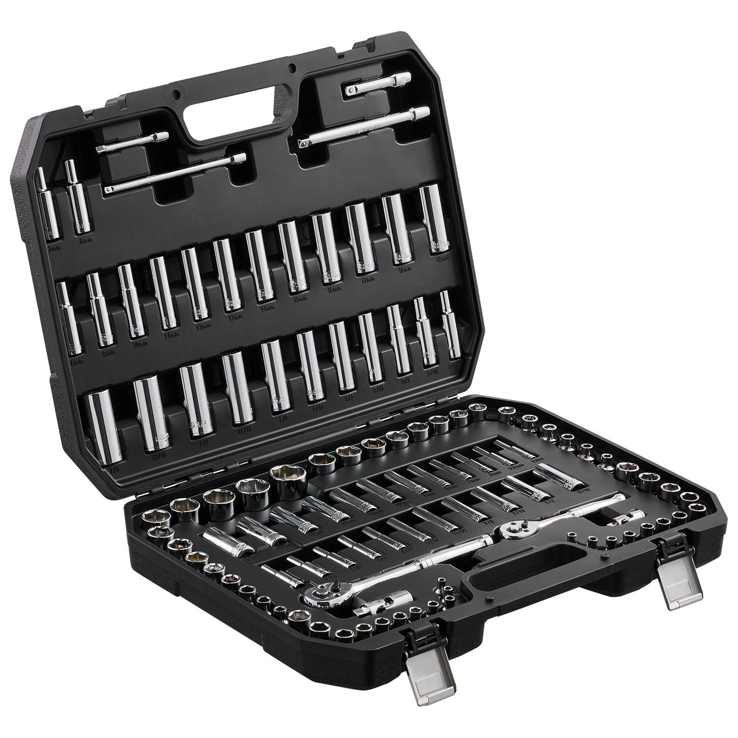 Socket Set, 1/4" and 3/8" Drive Socket and Ratchet Set, 6-Point Socket Opening, 106 Pcs Tool Set SAE and Metric, Deep and Standard Sockets, 5/32-1 in, 5-19 mm, with Accessories, Storage Case