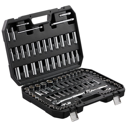 Socket Set, 1/4" and 3/8" Drive Socket and Ratchet Set, 6-Point Socket Opening, 106 Pcs Tool Set SAE and Metric, Deep and Standard Sockets, 5/32-1 in, 5-19 mm, with Accessories, Storage Case