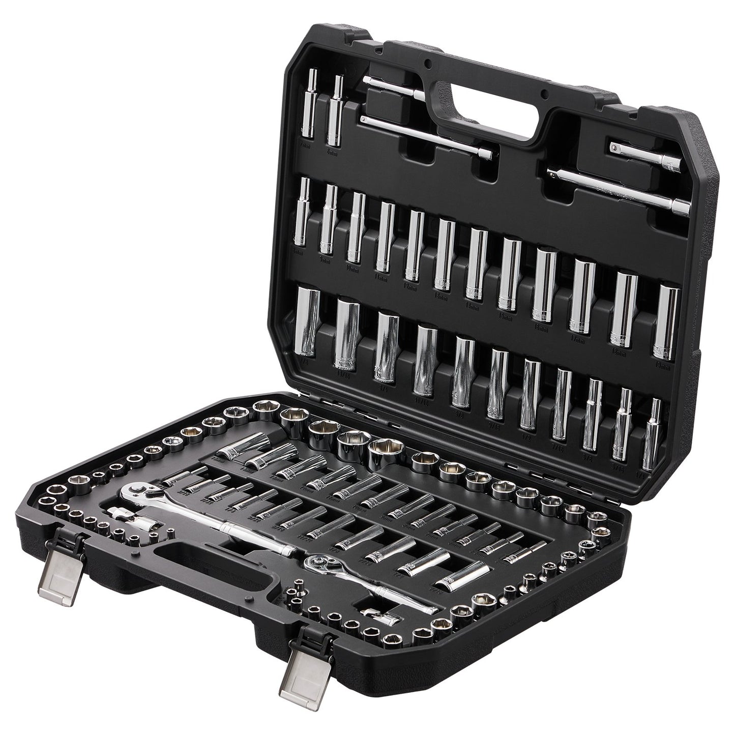 Socket Set, 1/4" and 3/8" Drive Socket and Ratchet Set, 6-Point Socket Opening, 106 Pcs Tool Set SAE and Metric, Deep and Standard Sockets, 5/32-1 in, 5-19 mm, with Accessories, Storage Case