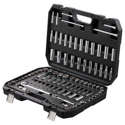Socket Set, 1/4" and 3/8" Drive Socket and Ratchet Set, 6-Point Socket Opening, 106 Pcs Tool Set SAE and Metric, Deep and Standard Sockets, 5/32-1 in, 5-19 mm, with Accessories, Storage Case