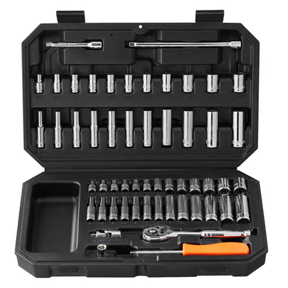 Socket Set, 1/4 Inch Drive Socket and Ratchet Set, 6-Point Socket Opening, 54 Pieces Tool Set SAE and Metric, Deep and Standard Sockets, 5/32-9/16 in, 4-14 mm, with Accessories, Storage Case