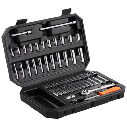 Socket Set, 1/4 Inch Drive Socket and Ratchet Set, 6-Point Socket Opening, 54 Pieces Tool Set SAE and Metric, Deep and Standard Sockets, 5/32-9/16 in, 4-14 mm, with Accessories, Storage Case
