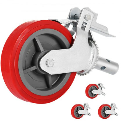 Scaffolding Wheels Set of 4, 8\" - Scaffolding Casters Heavy Duty, 3200 Lbs Per Set - Locking Stem Casters with Brake, Red Polyurethane - Replacement for Scaffold, Shelves, Workbench