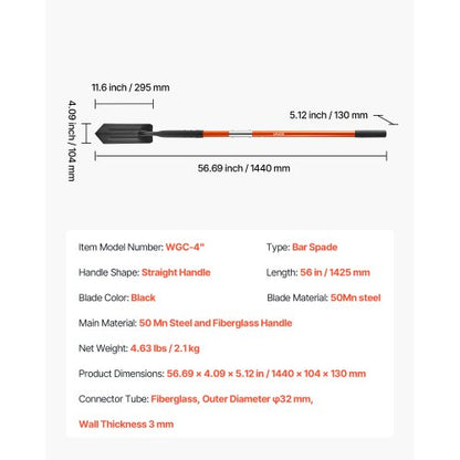 Dikespade, 10,4 cm blad Kraftig dikesspade, smal spadegrävare med glasfiberhandtag och halkfritt grepp, för trädgårdsarbete, grävning av hål, dikesgrävning och plantering, 142,5 cm |  EU