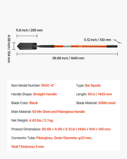 Trench Shovel, 4 in Blade Heavy-Duty Trenching Shovel, Narrow Spade Trench Digger with Fiberglass Handle and Non-Slip Grip, for Gardening, Digging Holes, Trenching, and Planting, 56 in Long