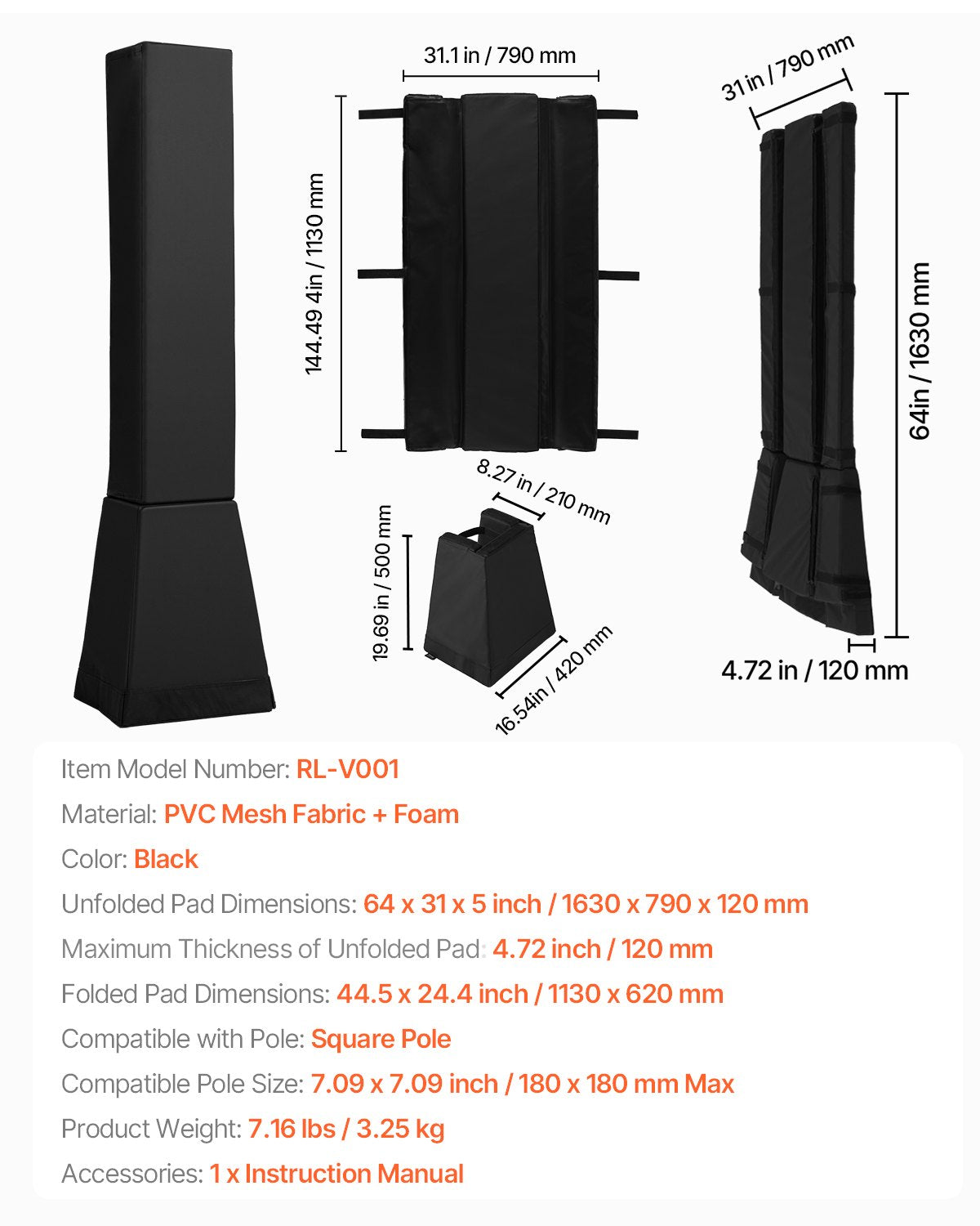 163 cm Basket Pole Pad Tålig stoppning i alla väder 18x18 i fyrkantig stolpe