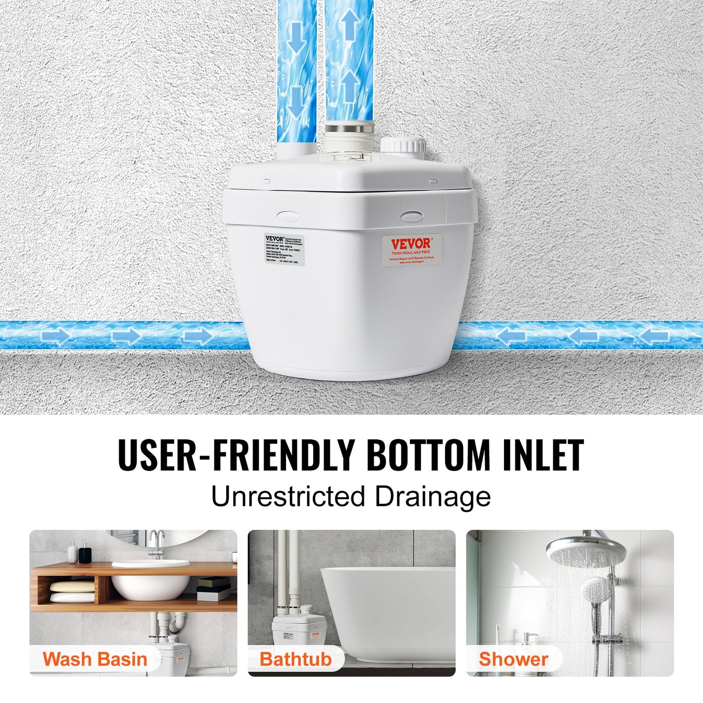 Utility Sink Pump Tvätt Sink Drän Pump System 200W 1500GPH 18ft Head 1-1/2" Utlopp Lågt dräneringsuttag Korrosionsbeständigt Lågt ljud för villakällare, tvättmaskiner, mångsidiga diskbänkar och barer