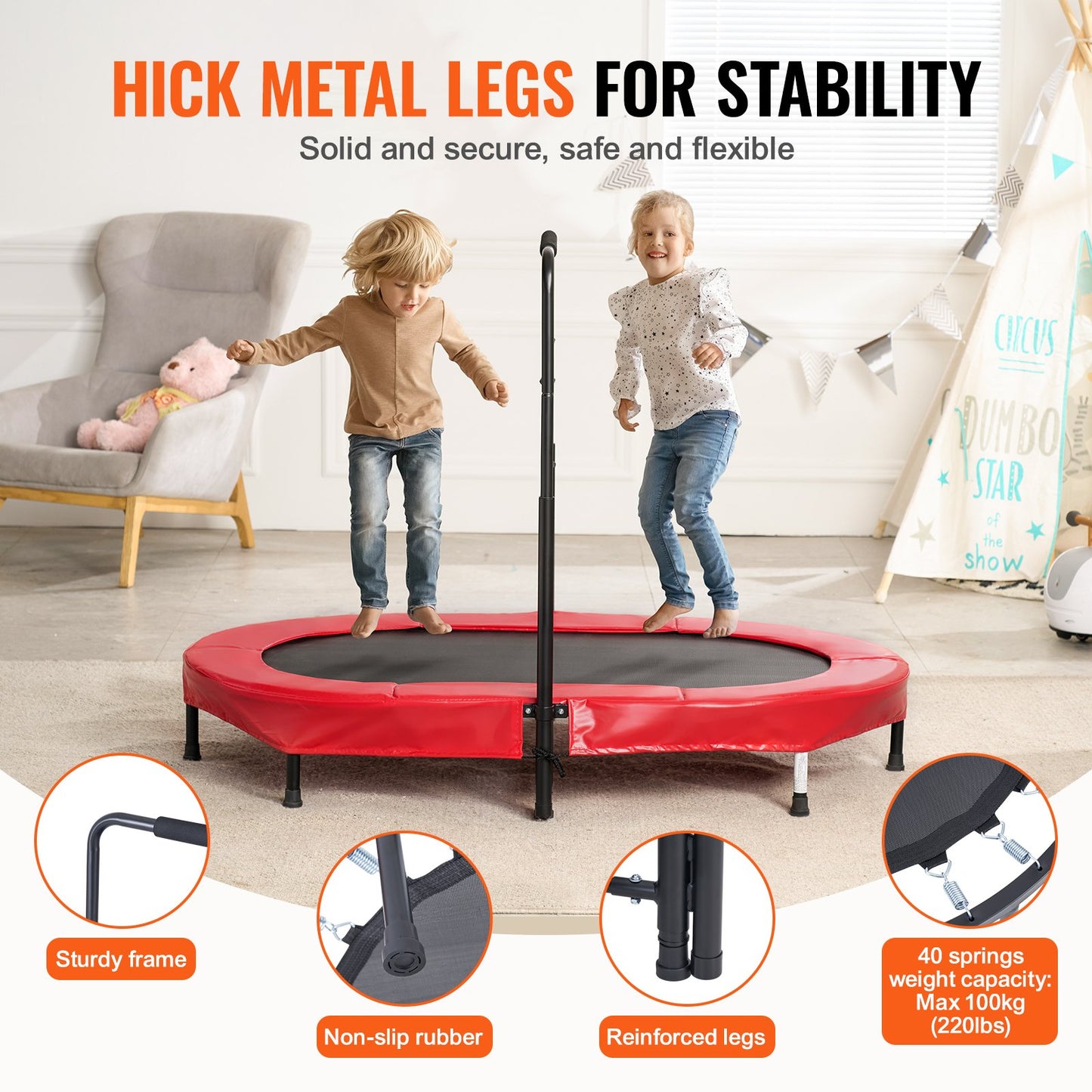 Kids Trampoline, 56x36 inch Indoor Outdoor Trampoline, Foldable Mini Trampoline with Handle, Rebounder Trampoline for Toddlers, Birthday Gift for 3+ Years Children, Boys Girls for Fun, Red