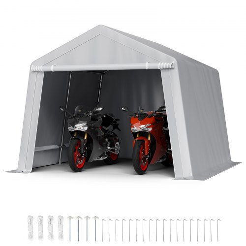 Outdoor Storage Shed, 10 x 10 ft Portable Storage Tent with Roll-up Door, Waterproof Canopy Shed Shelter, Heavy Duty Frame, Patio Garage Carport for Motorcycle, Lawn Mower, Bike, Grey