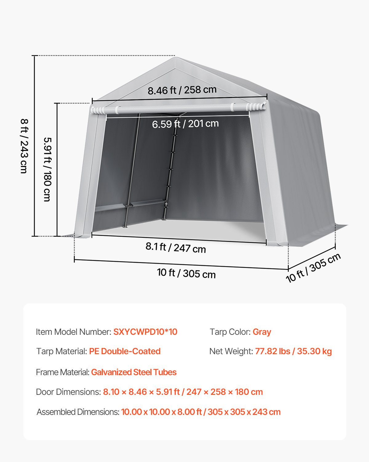Outdoor Storage Shed, 10 x 10 ft Portable Storage Tent with Roll-up Door, Waterproof Canopy Shed Shelter, Heavy Duty Frame, Patio Garage Carport for Motorcycle, Lawn Mower, Bike, Grey