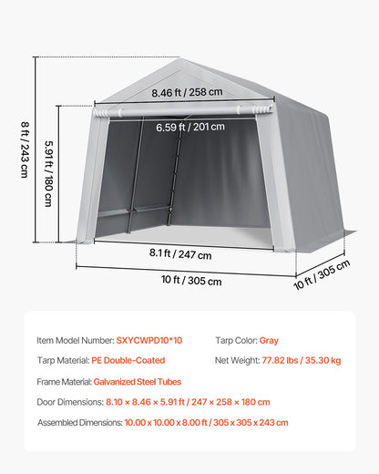 Outdoor Storage Shed, 10 x 10 ft Portable Storage Tent with Roll-up Door, Waterproof Canopy Shed Shelter, Heavy Duty Frame, Patio Garage Carport for Motorcycle, Lawn Mower, Bike, Grey