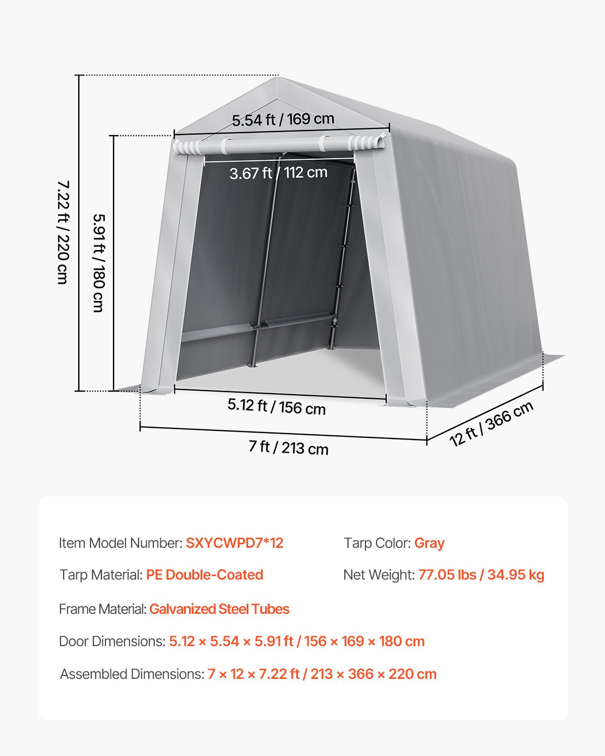 Outdoor Storage Shed, 7 x 12 ft Portable Storage Tent with Roll-up Door, Waterproof Canopy Shed Shelter, Heavy Duty Frame, Patio Garage Carport for Motorcycle, Lawn Mower, Bike, Grey
