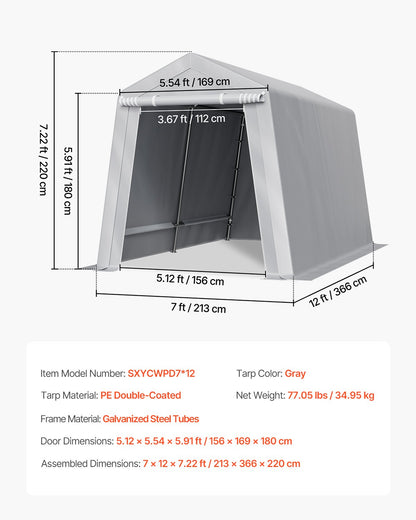 Outdoor Storage Shed, 7 x 12 ft Portable Storage Tent with Roll-up Door, Waterproof Canopy Shed Shelter, Heavy Duty Frame, Patio Garage Carport for Motorcycle, Lawn Mower, Bike, Grey