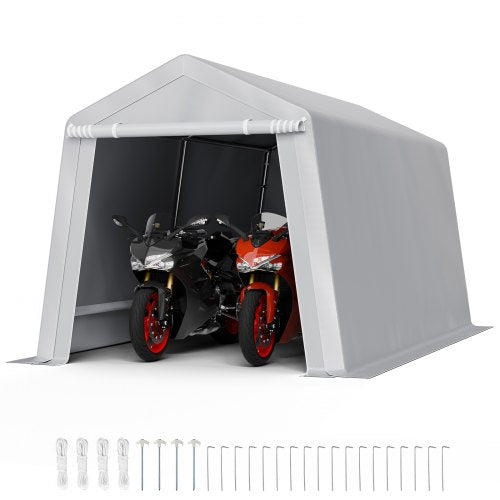 Outdoor Storage Shed, 8 x 14 ft Portable Storage Tent with Roll-up Door & Vents, Waterproof Canopy Shed Shelter, Heavy Duty Frame, Patio Garage Carport for Motorcycle, Lawn Mower, Bike, Grey
