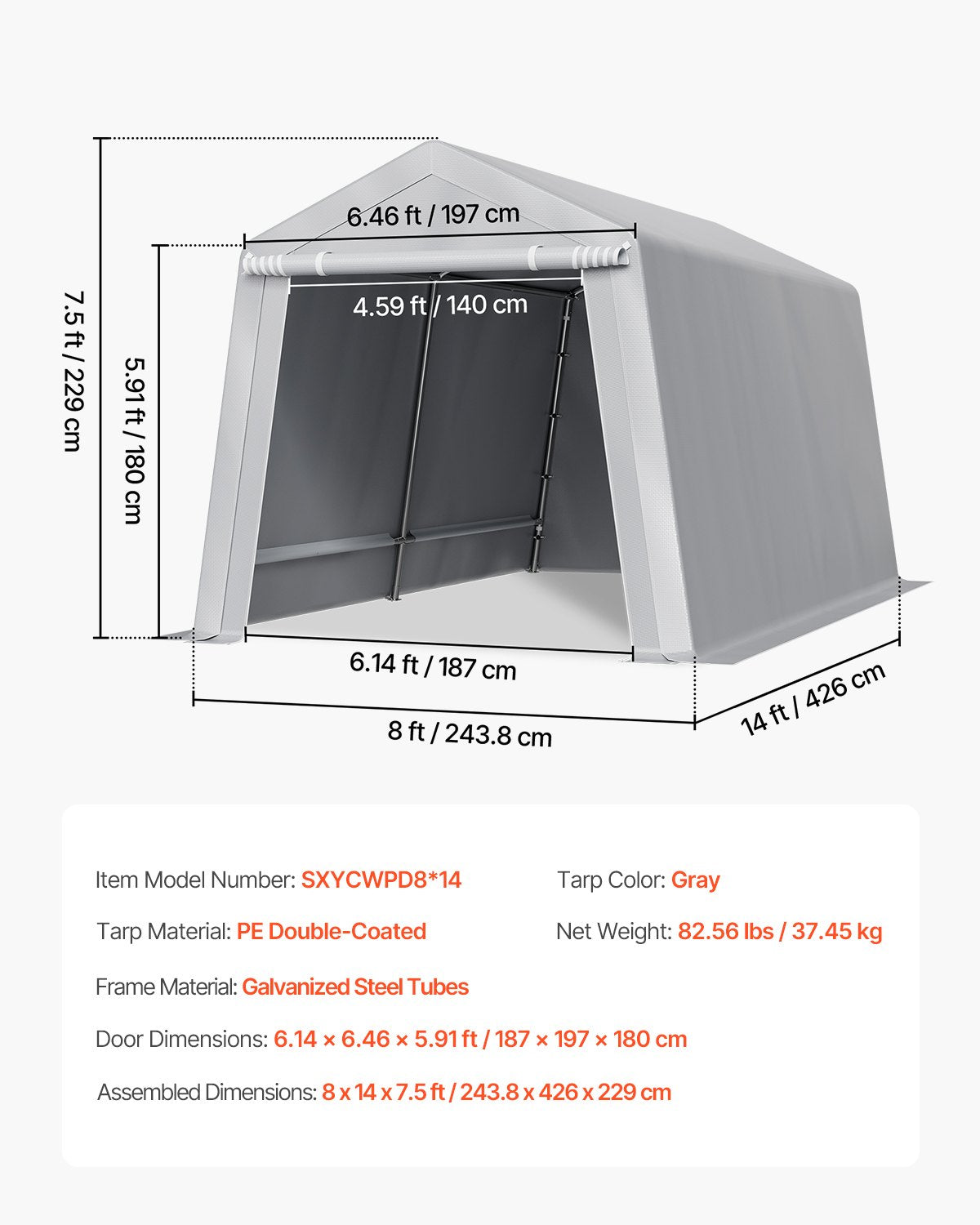 Outdoor Storage Shed, 8 x 14 ft Portable Storage Tent with Roll-up Door & Vents, Waterproof Canopy Shed Shelter, Heavy Duty Frame, Patio Garage Carport for Motorcycle, Lawn Mower, Bike, Grey