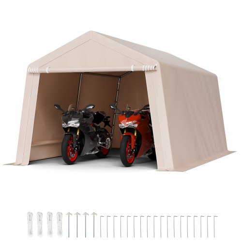 Outdoor Storage Shed, 10 x 15 ft Portable Storage Tent with Roll-up Door, Waterproof Canopy Shed Shelter, Heavy Duty Frame, Patio Garage Carport for Motorcycle, Lawn Mower, Bike, Beige