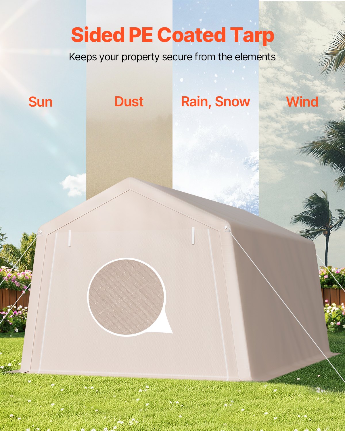 Outdoor Storage Shed, 10 x 15 ft Portable Storage Tent with Roll-up Door, Waterproof Canopy Shed Shelter, Heavy Duty Frame, Patio Garage Carport for Motorcycle, Lawn Mower, Bike, Beige