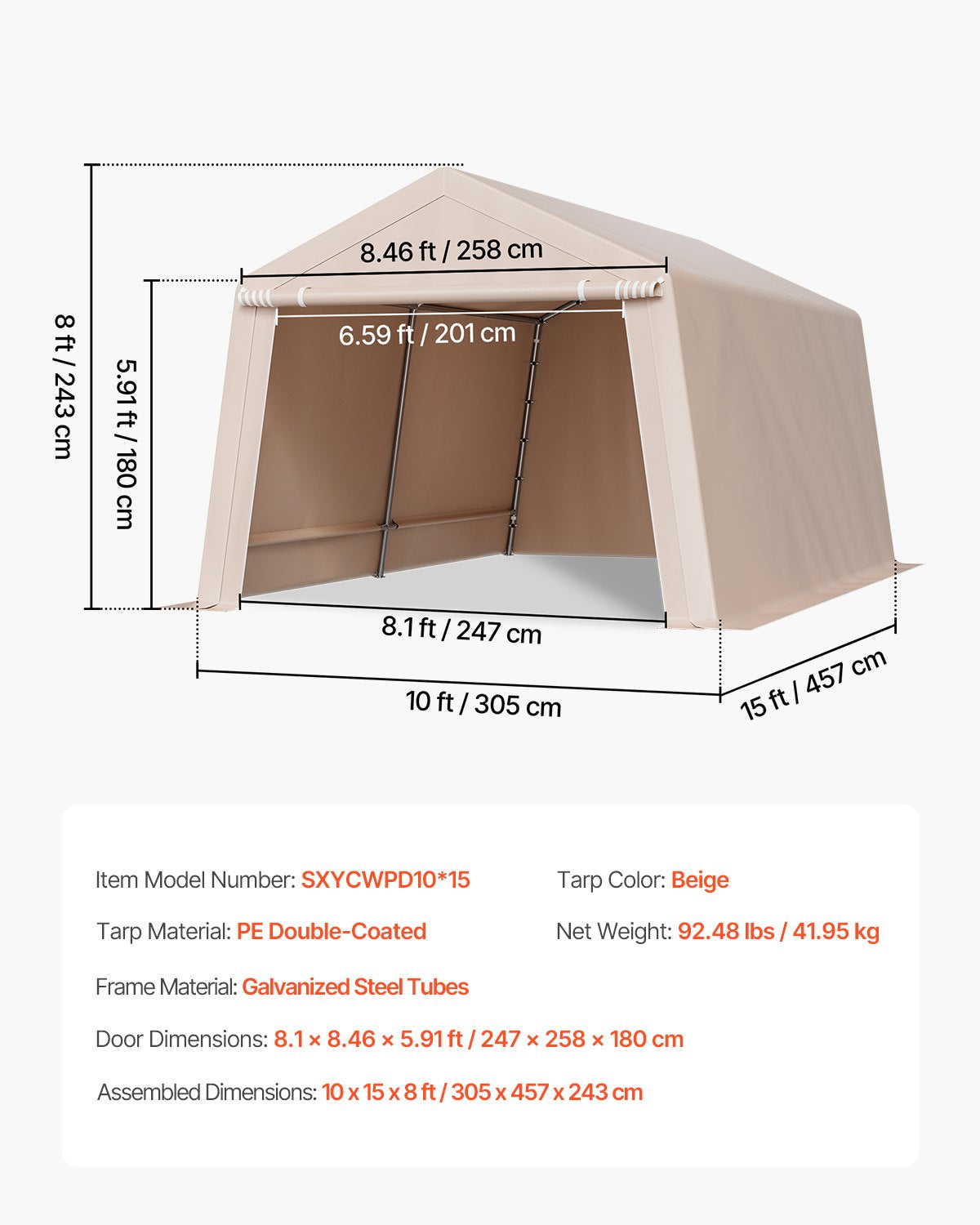 Outdoor Storage Shed, 10 x 15 ft Portable Storage Tent with Roll-up Door, Waterproof Canopy Shed Shelter, Heavy Duty Frame, Patio Garage Carport for Motorcycle, Lawn Mower, Bike, Beige