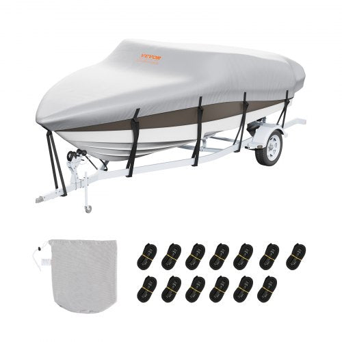 Boat Cover, 17'-19' Trailerable Waterproof Boat Cover, 600D Marine Grade PU Oxford, with Motor Cover and Buckle Straps, for V-Hull, Tri-Hull, Runabout, Bass Boat, Fish Ski Boat, Grey