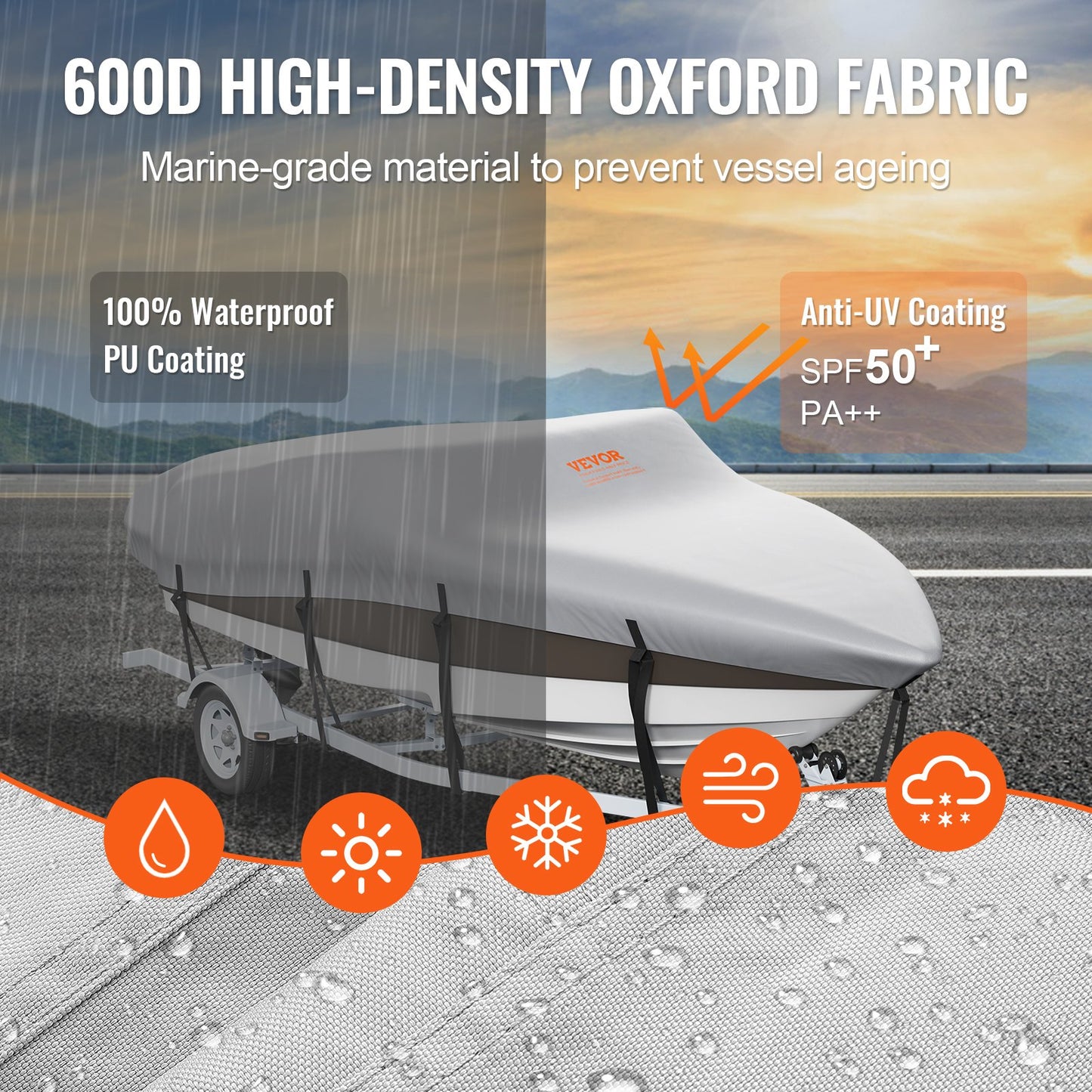 Boat Cover, 17'-19' Trailerable Waterproof Boat Cover, 600D Marine Grade PU Oxford, with Motor Cover and Buckle Straps, for V-Hull, Tri-Hull, Runabout, Bass Boat, Fish Ski Boat, Grey