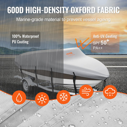 Boat Cover, 17'-19' Trailerable Waterproof Boat Cover, 600D Marine Grade PU Oxford, with Motor Cover and Buckle Straps, for V-Hull, Tri-Hull, Runabout, Bass Boat, Fish Ski Boat, Grey