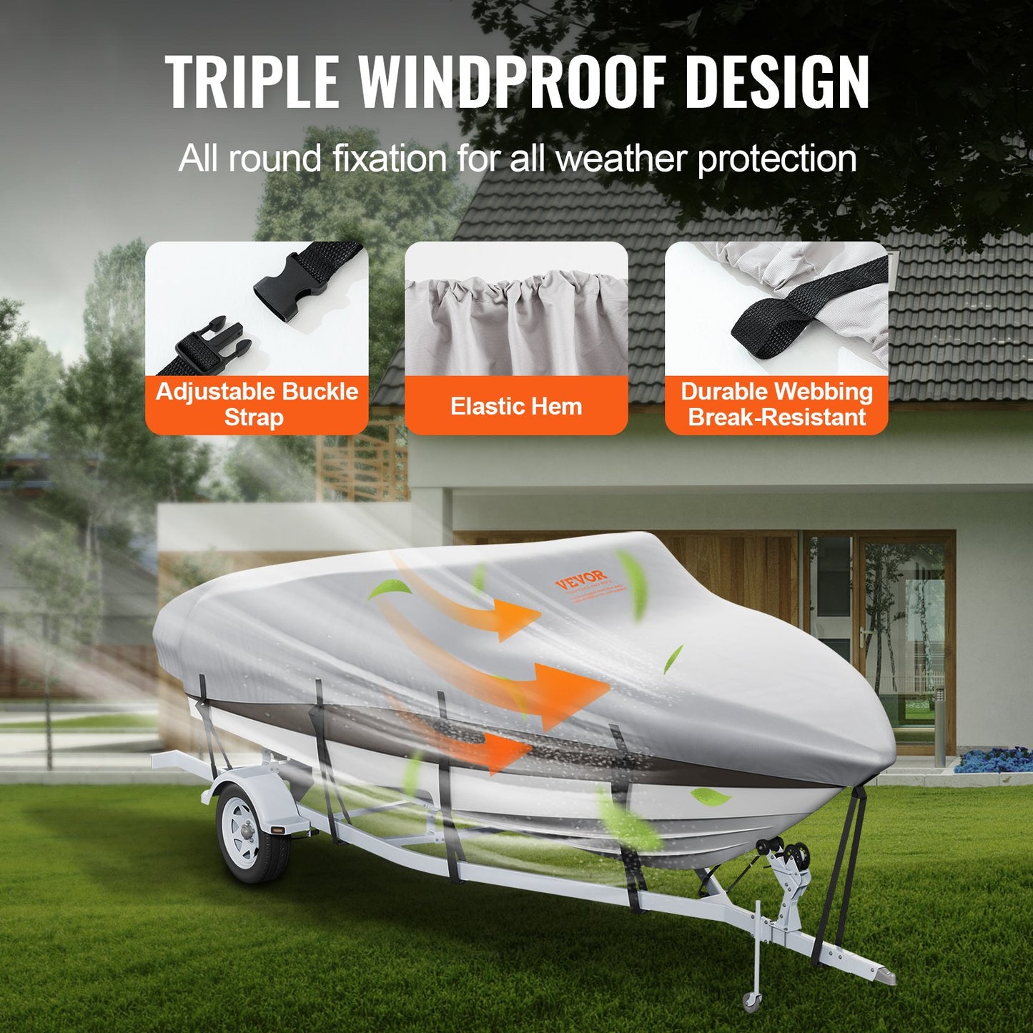 Boat Cover, 17'-19' Trailerable Waterproof Boat Cover, 600D Marine Grade PU Oxford, with Motor Cover and Buckle Straps, for V-Hull, Tri-Hull, Runabout, Bass Boat, Fish Ski Boat, Grey