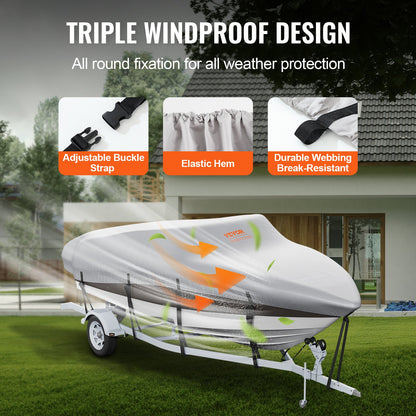 Boat Cover, 17'-19' Trailerable Waterproof Boat Cover, 600D Marine Grade PU Oxford, with Motor Cover and Buckle Straps, for V-Hull, Tri-Hull, Runabout, Bass Boat, Fish Ski Boat, Grey