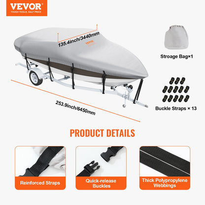Boat Cover, 17'-19' Trailerable Waterproof Boat Cover, 600D Marine Grade PU Oxford, with Motor Cover and Buckle Straps, for V-Hull, Tri-Hull, Runabout, Bass Boat, Fish Ski Boat, Grey