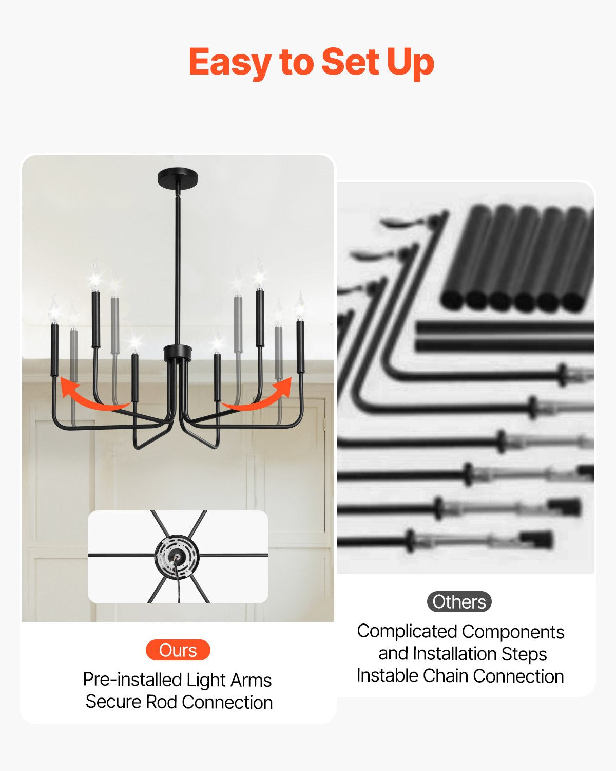 6-Light Chandelier, Black Farmhouse Chandelier, Adjustable Height, Dining Room Hanging Light Fixture for Ceilings, Modern Chandelier for Bedroom, Foyer, Hall, Kitchen, Living Room and Entryway