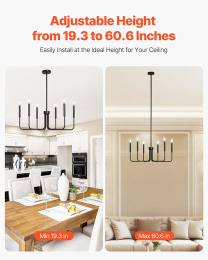 6-Light Chandelier, Black Farmhouse Chandelier, Adjustable Height, Dining Room Hanging Light Fixture for Ceilings, Modern Chandelier for Bedroom, Foyer, Hall, Kitchen, Living Room and Entryway