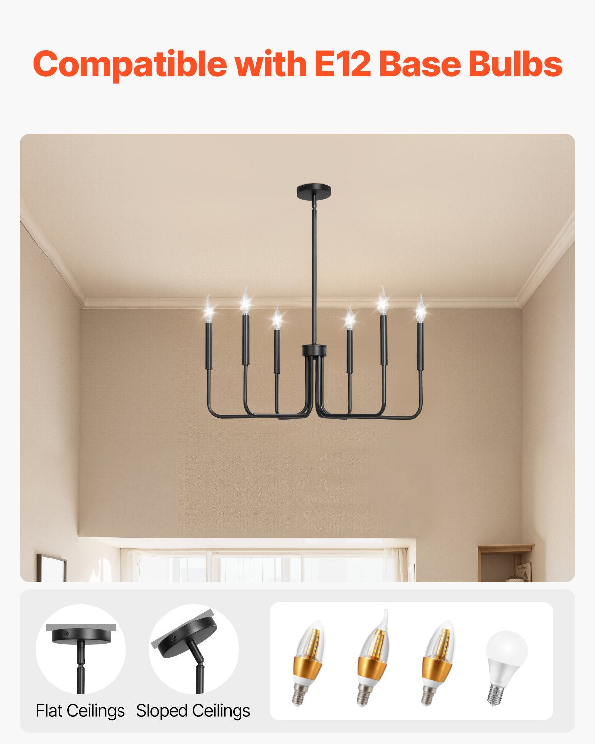 6-Light Chandelier, Black Farmhouse Chandelier, Adjustable Height, Dining Room Hanging Light Fixture for Ceilings, Modern Chandelier for Bedroom, Foyer, Hall, Kitchen, Living Room and Entryway