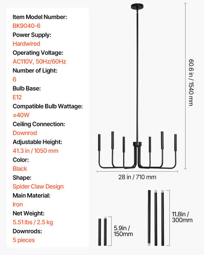 6-Light Chandelier, Black Farmhouse Chandelier, Adjustable Height, Dining Room Hanging Light Fixture for Ceilings, Modern Chandelier for Bedroom, Foyer, Hall, Kitchen, Living Room and Entryway