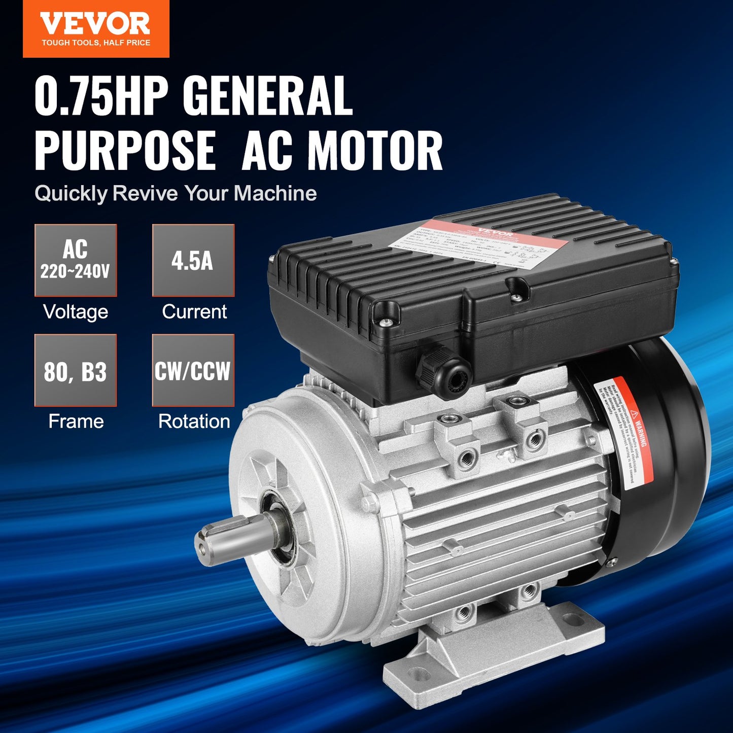 0.55KW electric motor 1400RPM AC 220~240V 4.5A 1-phase 19mm spline shaft