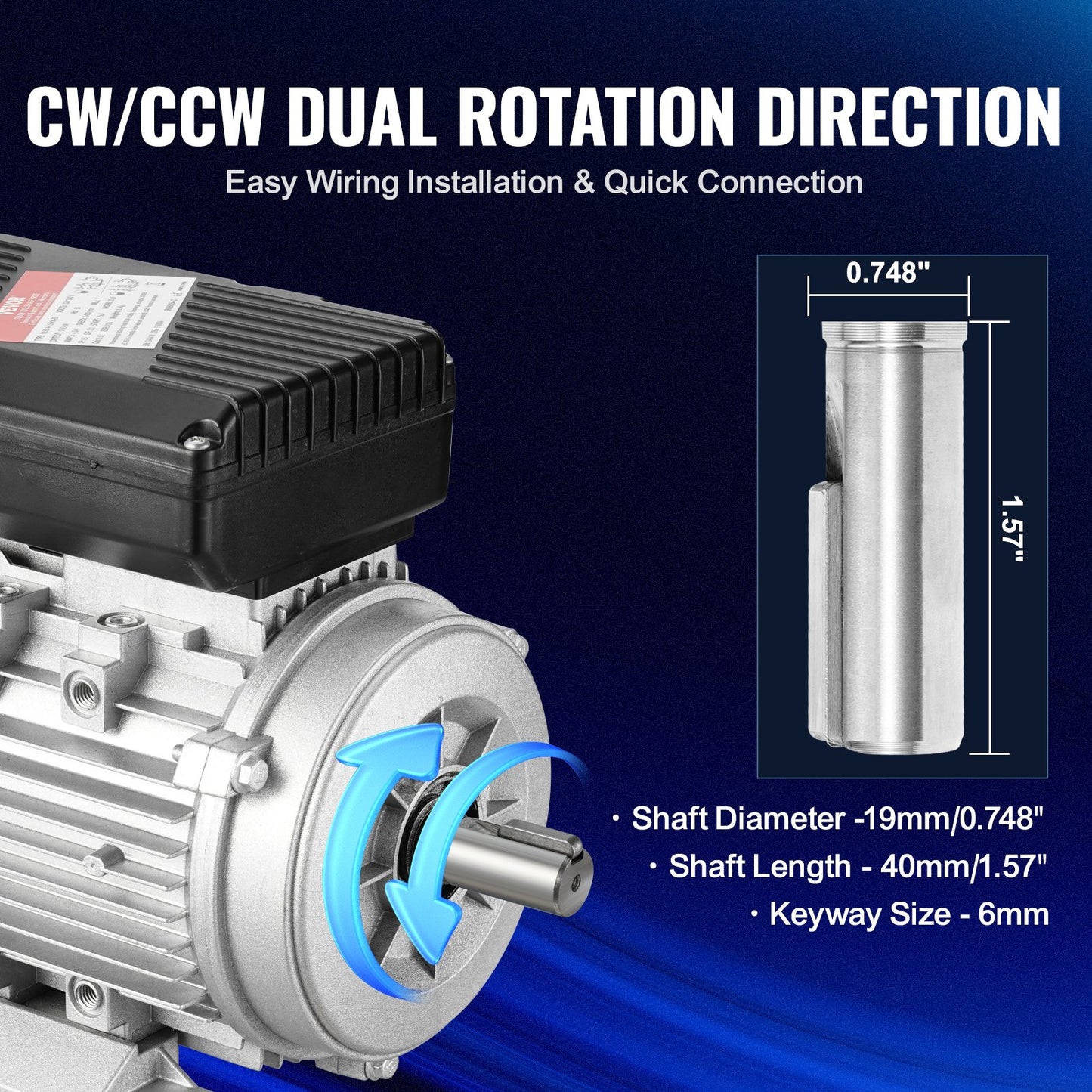 0.55KW electric motor 1400RPM AC 220~240V 4.5A 1-phase 19mm spline shaft