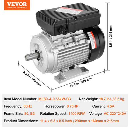 0.55KW electric motor 1400RPM AC 220~240V 4.5A 1-phase 19mm spline shaft
